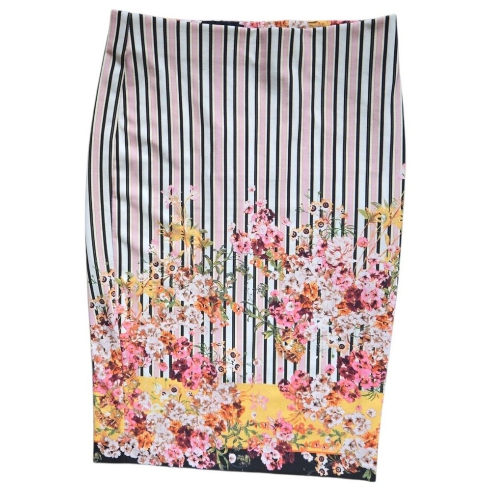 Beige ECI New York Striped Floral Border Print Midi Pencil Skirt - L